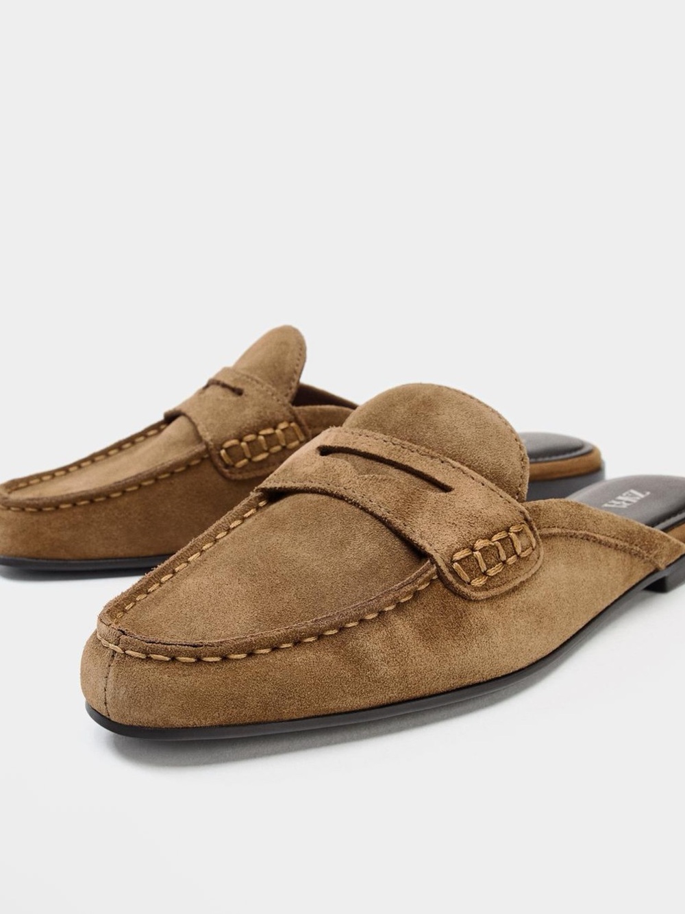 Zara new women  Brown Split Suede Open-Back Loafers